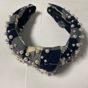 Lele Sadoughi Knotted Navy Blue Checkered Pearl Headband
